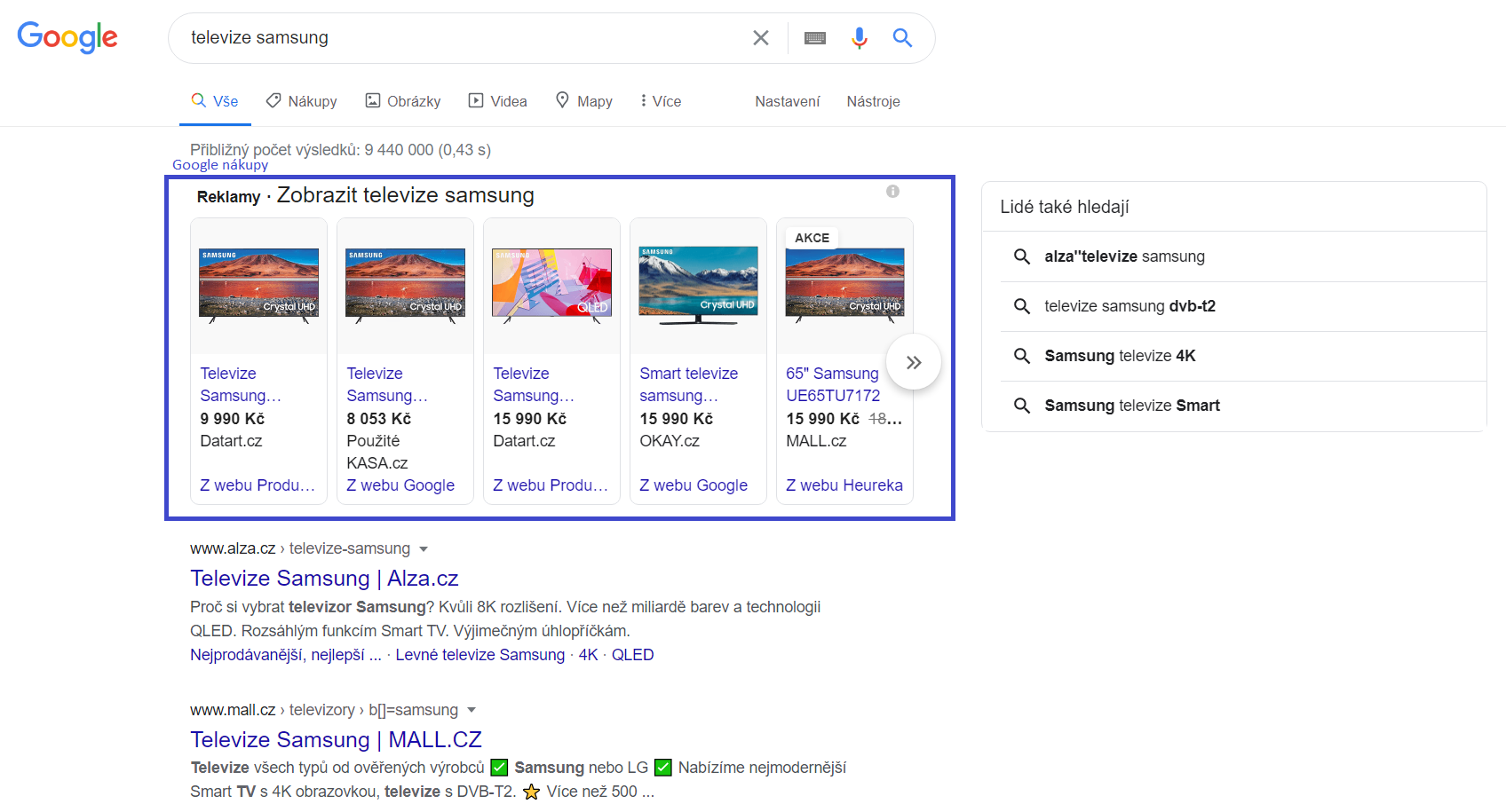 Google nákupy pod vyhledávací lištou